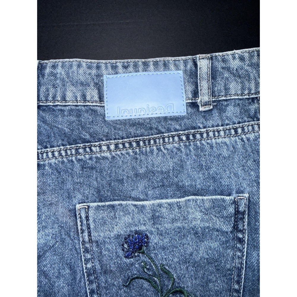 Desigual Floral Embroidered Denim Mini Skirt Button Front Raw Hem Blue Size 40 - Picture 6 of 9
